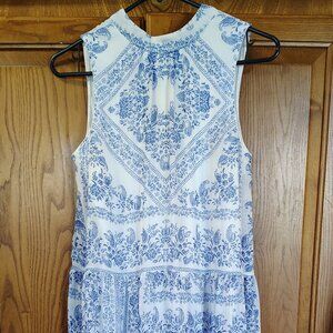 Calvin Klein Sleeveless Halter Neck Dress Size 2 Blue White Floral Midi Zip